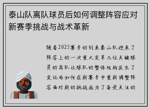 泰山队离队球员后如何调整阵容应对新赛季挑战与战术革新