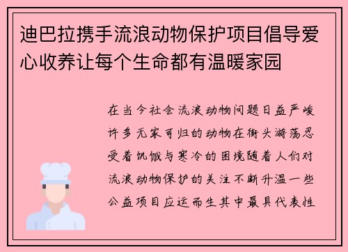 迪巴拉携手流浪动物保护项目倡导爱心收养让每个生命都有温暖家园
